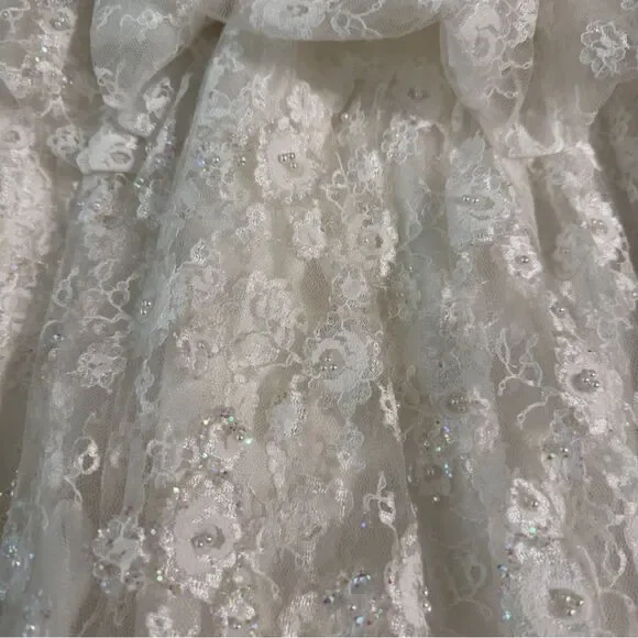 Vintage Ivory Tulle & Lace Flower Girl Dress with Rosette Back & Pearl Detail - Picture 16 of 16